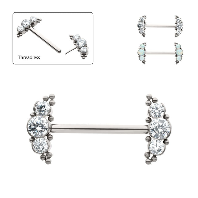 Invictus Titanium Beads and Semi-Bezel Set Round Gem/Opal 
3-Cluster Ends Nipple Barbell 
(One Side Fixed, One Side Threadless ) | Sold by piece