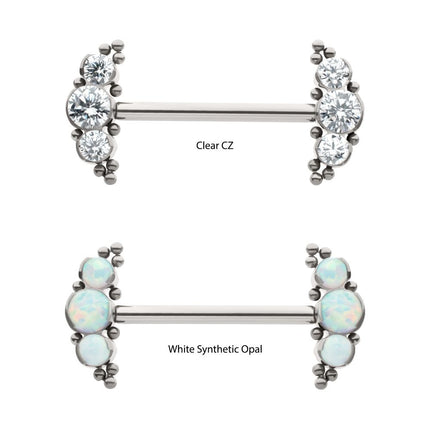 Invictus Titanium Beads and Semi-Bezel Set Round Gem/Opal 
3-Cluster Ends Nipple Barbell 
(One Side Fixed, One Side Threadless ) | Sold by piece