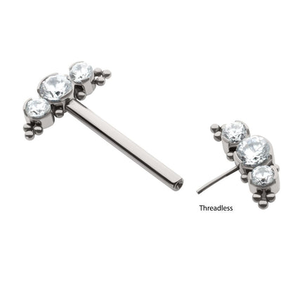 Invictus Titanium Beads and Semi-Bezel Set Round Gem/Opal 
3-Cluster Ends Nipple Barbell 
(One Side Fixed, One Side Threadless ) | Sold by piece