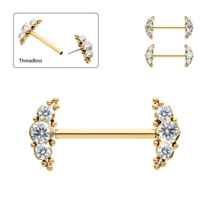Invictus 24Kt Gold PVD Titanium Beads and Semi-Bezel Set Round Gem/Opal 
3-Cluster Ends Nipple Barbell 
(One Side Fixed, One Side Threadless ) | Sold by piece