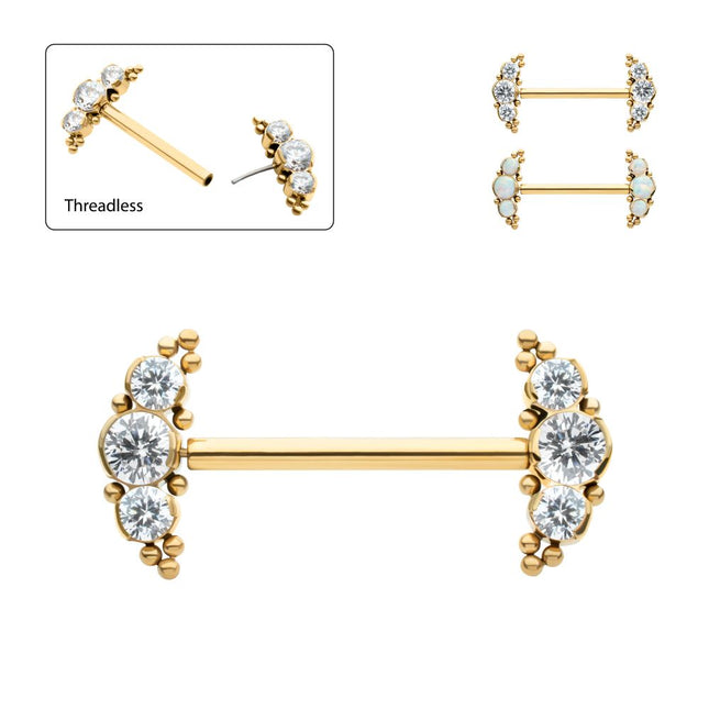 Invictus 24Kt Gold PVD Titanium Beads and Semi-Bezel Set Round Gem/Opal 
3-Cluster Ends Nipple Barbell 
(One Side Fixed, One Side Threadless ) | Sold by piece