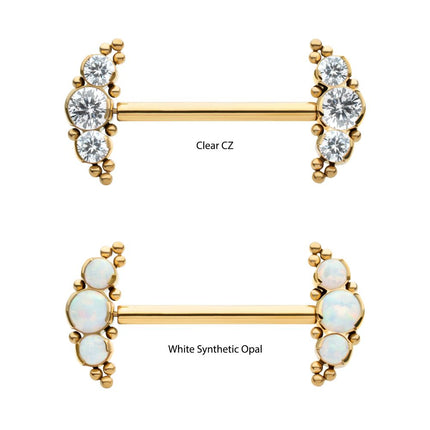 Invictus 24Kt Gold PVD Titanium Beads and Semi-Bezel Set Round Gem/Opal 
3-Cluster Ends Nipple Barbell 
(One Side Fixed, One Side Threadless ) | Sold by piece