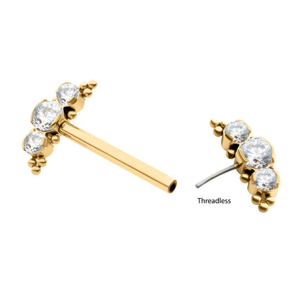 Invictus 24Kt Gold PVD Titanium Beads and Semi-Bezel Set Round Gem/Opal 
3-Cluster Ends Nipple Barbell 
(One Side Fixed, One Side Threadless ) | Sold by piece