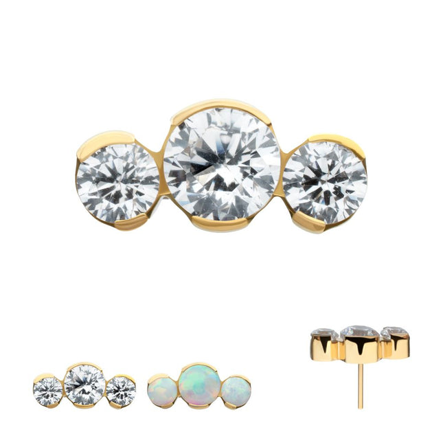 Invictus 24Kt Gold PVD Titanium Threadless Semi-Bezel Set Round Gem/Opal 3-Cluster Top