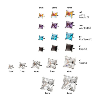 Invictus Titanium Threadless Flat Base Low Profile 4 Prong Princess Cut Gem Top