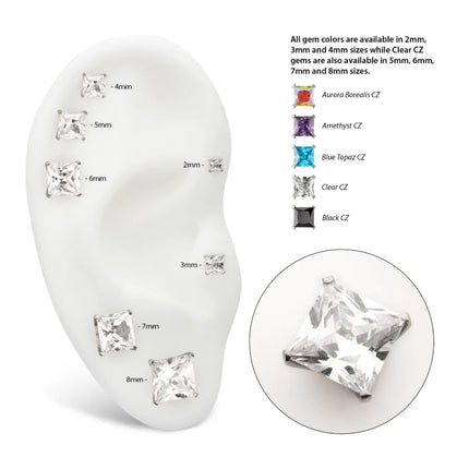 Invictus Titanium Threadless Flat Base Low Profile 4 Prong Princess Cut Gem Top